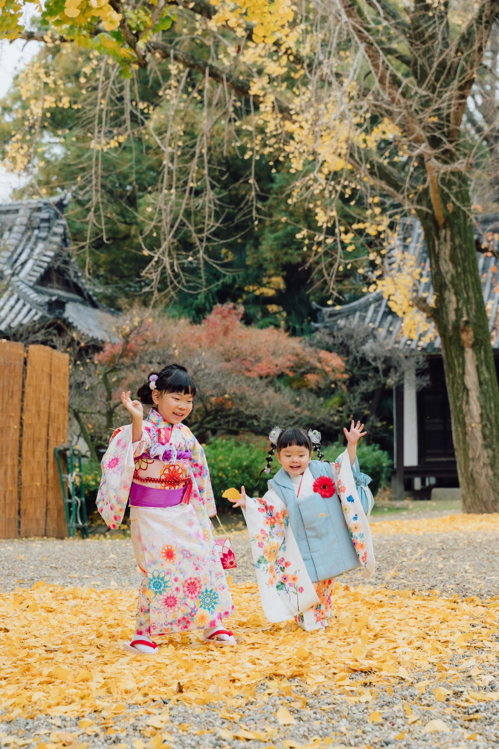 Kimono portrait near shrine gate, autumn tones